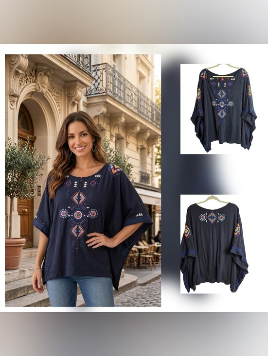 Johnny Was Tops - Johnny Was Navy Embroidered Blue Geometric Pink Dial Orange Poncho Top